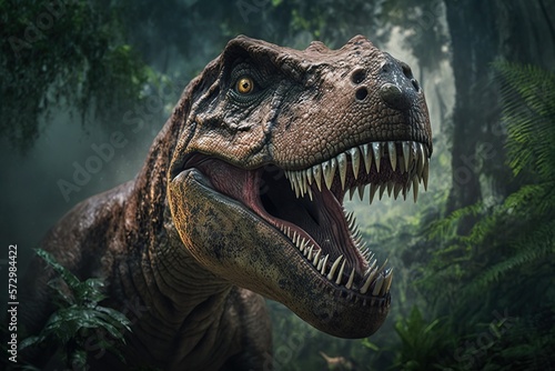 Angry Tyrannosaurus Rex face in Jungle ,Landscape forest in the background,Generative AI 