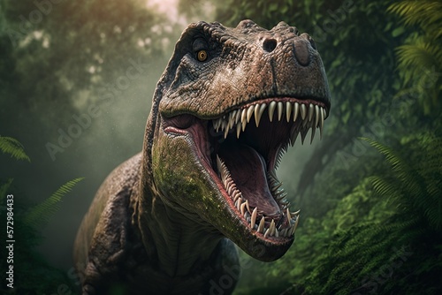 Foto Angry Tyrannosaurus Rex face in Jungle ,Landscape forest in the background,Gener