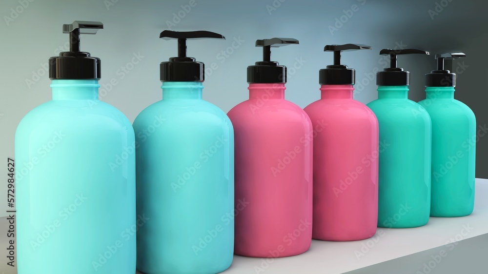3d Illustration liquid soap color bottles top view. blue, pink plastic soap bottles in rows on table 3d Illustration liquid soap color bottles top view. blue, pink plastic soap bottles in rows on table