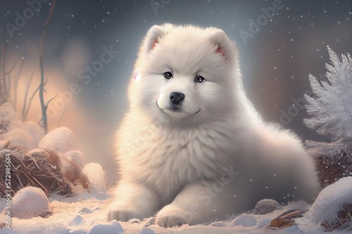 Samoyed Puppy Smiling Resting In The Snow Generative AI © Johnathan