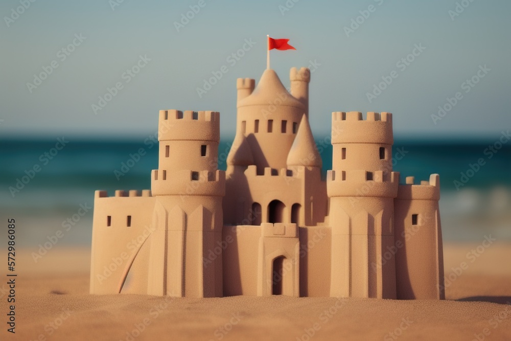 Amazing impossible sandcastle on the beach with a red flag, Generated by AI Amazing impossible sandcastle on the beach with a red flag, Generated by AI
