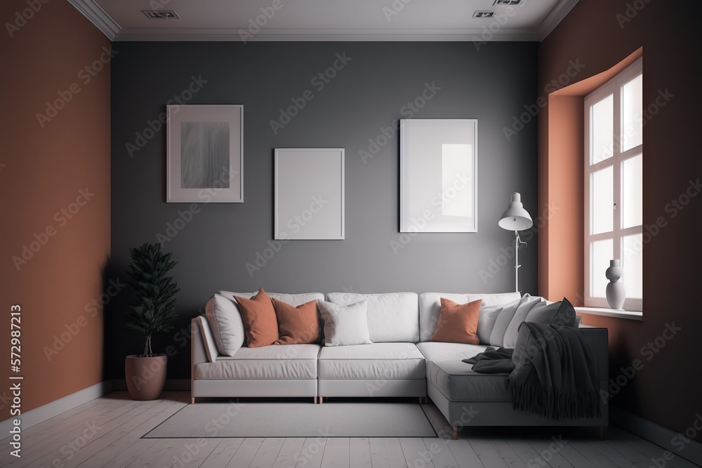 Cozy interior. Minimalistic living room design with terracotta color accents. Corner sofa, solid wall, framed pictures and plants in pot. AI Cozy interior. Minimalistic living room design with terracotta color accents. Corner sofa, solid wall, framed pictures and plants in pot. AI