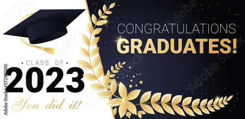 Congratulations graduates class of 2023. Design template for graduation ceremony. Grad concept template vector illustration. Congratulations graduates flat style design for invitation, greeting card