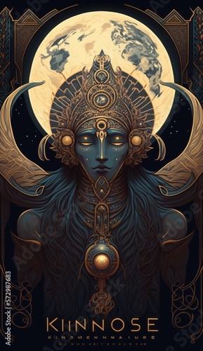 The Egyptian God, Khonsu – God of Lunar, Moon deity in in Ancient Egypt. AI generative poster illustration, art nuveau style. photo