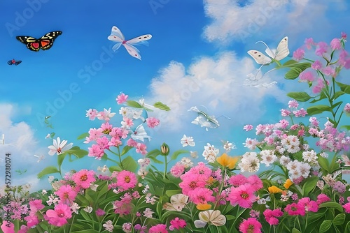 A Painting Of Flowers With A Sky Background Behind Them And A Butterfly Flying Over Them. With A Pink And White Flower In The Foreground. Generative AI