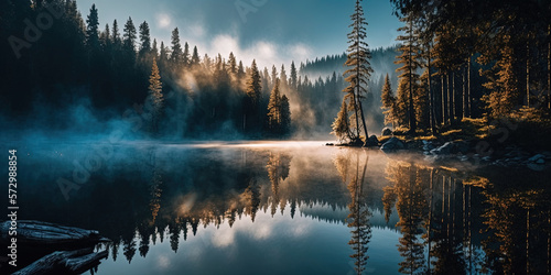 Reflections on a clear mountain lake in the morning mist at sunrise in a pine forest by generative AI © Gary