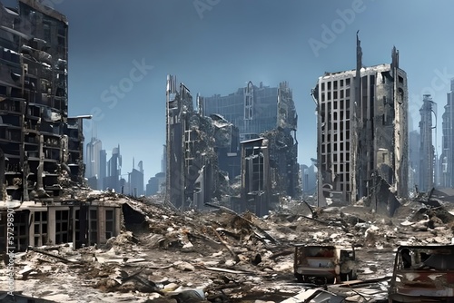 Apocalyptic View Of Destroyed City Buildings. Post Apocalypse After World War. Generative AI © Pixel Matrix