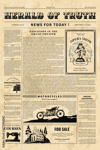 Vintage paper news, old poster template. Retro article page template, journal cover, newsprint front sheet, antique fonts and photo. Newspaper sheet design, vector texture background