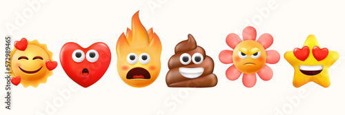 3d smile faces, emoji render. Lucky and joyful laugh, funny and happiness, good mood emotional characters, colour balls with eyes and mouth. Cute heart, flower and poop. Vector icon objects
