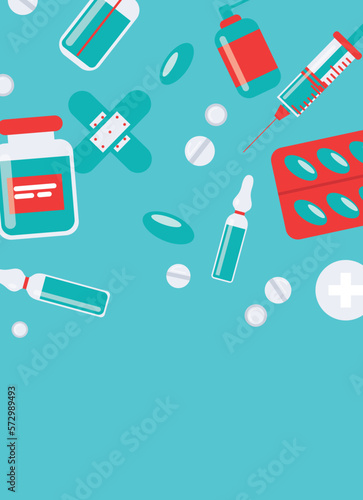 Medicine background, pharmacy, hospital set of drugs, pills, syringe, hand sanitizer. Medication, pharmaceutics, illness, health concept. Vector illustration isolated on background