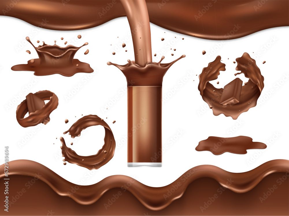 Milk chocolate, coffee beverage, splash and drops, sweet drink in glass. Shake of liquid cocoa candies, sauce waves, flow pour cup. Melt cream in motion. Vector realistic 3d elements