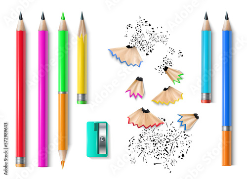 Realistic school stationery. Colorful pencils, sharpener, eraser and shaves. 3d creative tools, rubber and wood, education isolated on white background elements. Vector illustration objects