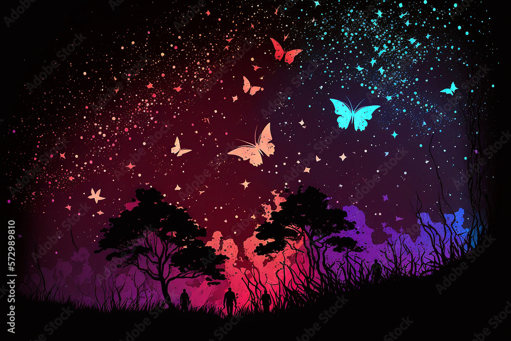  Night sky full of stars made from dust,glowing butterflies over the grass. Generative AI	