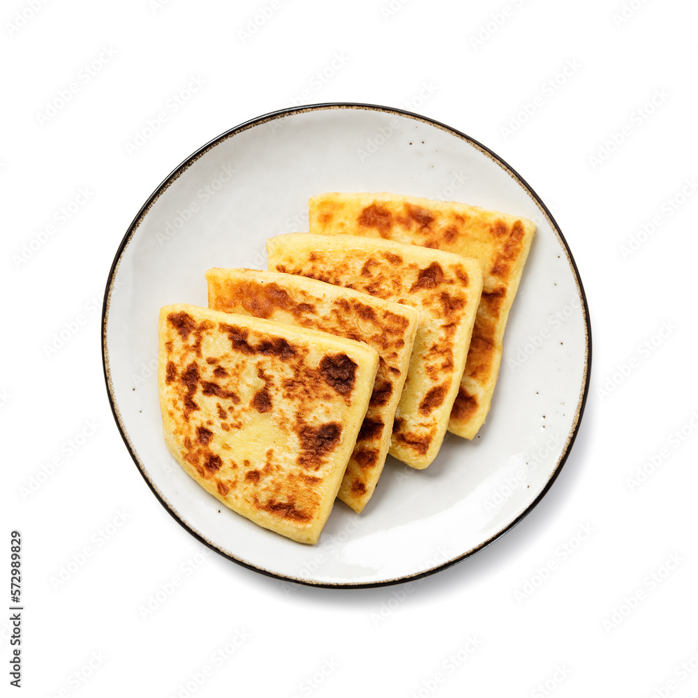 Potato tattie scones. Traditional Scottish dish for breakfast. Isolated on white background. top view Potato tattie scones. Traditional Scottish dish for breakfast. Isolated on white background. top view