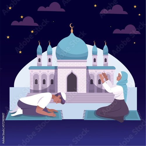 islamic ramadan and eid aladha mubarak with makkah and madinah illustration vector. photo