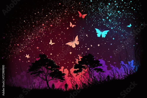  Night sky full of stars made from dust glowing butterflies over the grass. Generative AI 