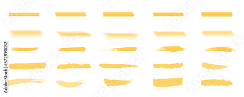 Yellow highlighter stroke. Paint brushstroke. Grunge smears. Hand note. Circle marker scribble lines. Text paper marks. Pencil underline. Brush doodles. Vector isolated stripes set