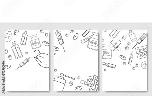 Medicine background set line art, pharmacy, hospital set of drugs, pills, syringe, hand sanitizer. Medication, pharmaceutics, illness, health concept. Vector illustration isolated on background