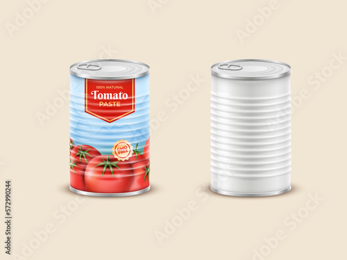 Tomato paste packaging. Sauce can for 3D picnic label. Tin mockup. Red vegetable food. Shop merchandise. Ketchup package template. Grocery product container. Vector canned ingredient