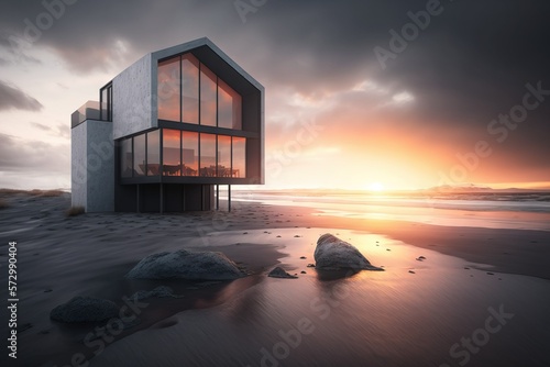 Living in nature. Beautiful solitary modern minimalistic residential house with huge windows, situated in distant beach location far away from civilization. AI