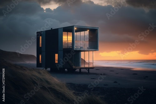 Living in nature. Beautiful solitary modern minimalistic residential house with huge windows  situated in distant beach location far away from civilization. AI