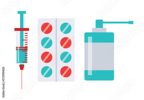 Medicine, pharmacy, hospital set of drugs, pills, syringe, hand sanitizer. Medication, pharmaceutics, illness, health concept. Vector illustration isolated on background