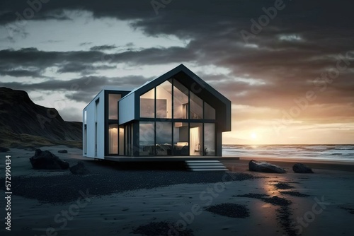 Living in nature. Beautiful solitary modern minimalistic residential house with huge windows, situated in distant beach location far away from civilization. AI © oleksandr.info
