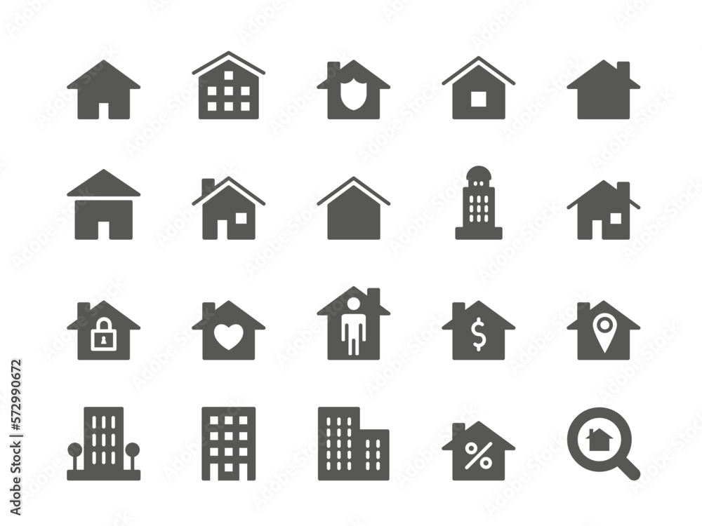 Home icons. House shape logo. Residential building. Entrance of hotel. Cottage or patria casa. Nido housing silhouettes. Real estate. Mortgage percent. Location pin. Vector symbols set
