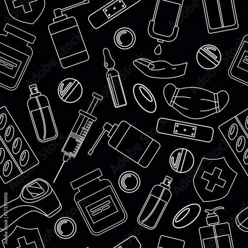Medicine, pharmacy, hospital seamless pattern drugs, pills, syringe, hand sanitizer outline, line art. Medication, pharmaceutics, illness, health concept. Vector illustration isolated on background