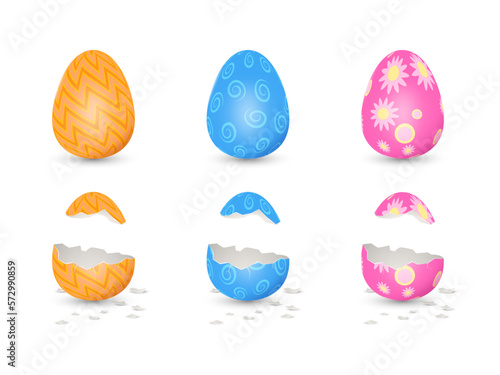 3d bunny rabbit easter egg. Happy yellow april render patterned elements, animal nature food, gold spring holidays cards or banner template. Whole and cracked vector realistic isolated objects