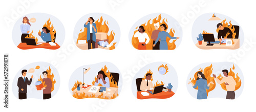 Stress work. Angry fire conflict. Office business people. Exhausted employees. Nervous persons. Hate and anxiety. Colleagues conflicts in flame. Burnout workers set. Vector flat collection