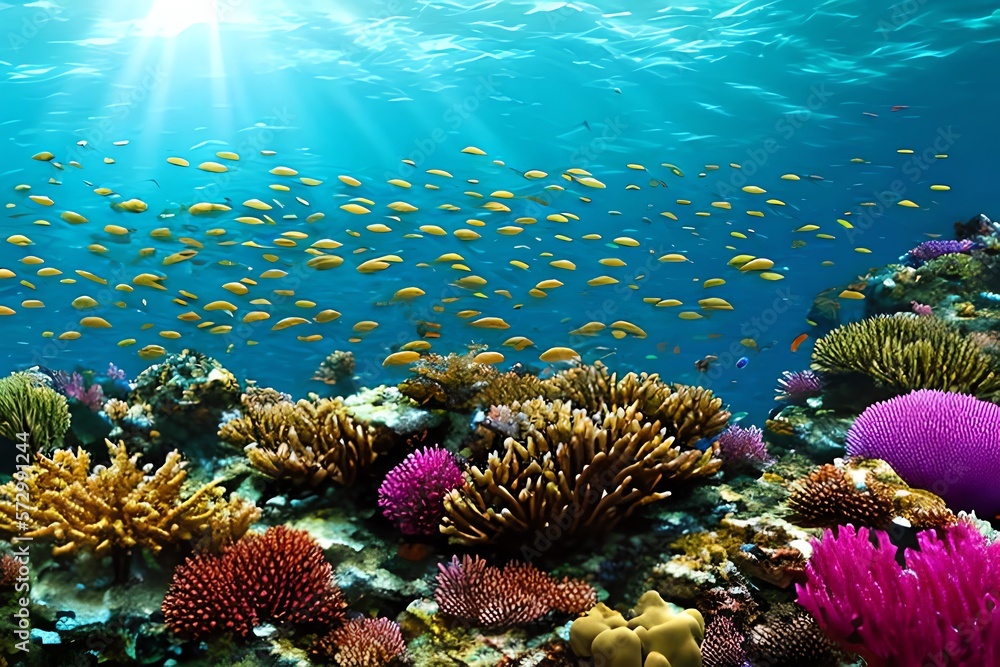 Naklejka premium Coral Reef With Many Fish Swimming Underwater In Light Beams. Generative AI