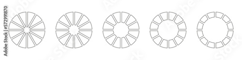 Wheels round divided in twelve sections. Diagrams infographic set. Circle section graph line art. Pie chart icons. Outline donut charts or pies segmented on 12 equal parts. Geometric element.