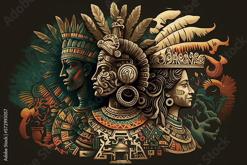 ancient Azteca civilization with iconic symbols such as the Aztec calendar and the feathered serpent god, Quetzalcoatl, alongside Aztec warriors in headdresses. generative AI photo