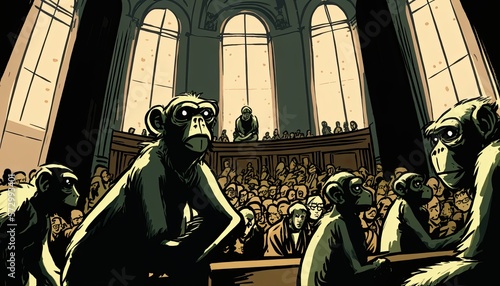 Monkeys as politicians discussing in the congress building. Concept of political corruption, economical downfall, end of capitalism. Generative AI. photo