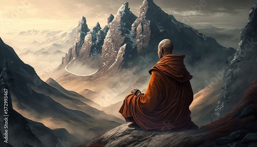 Buddhist monk sitting on the mountain's peak, watching the sunset while meditating. Concept for spirituality and journey. Generative AI. photo