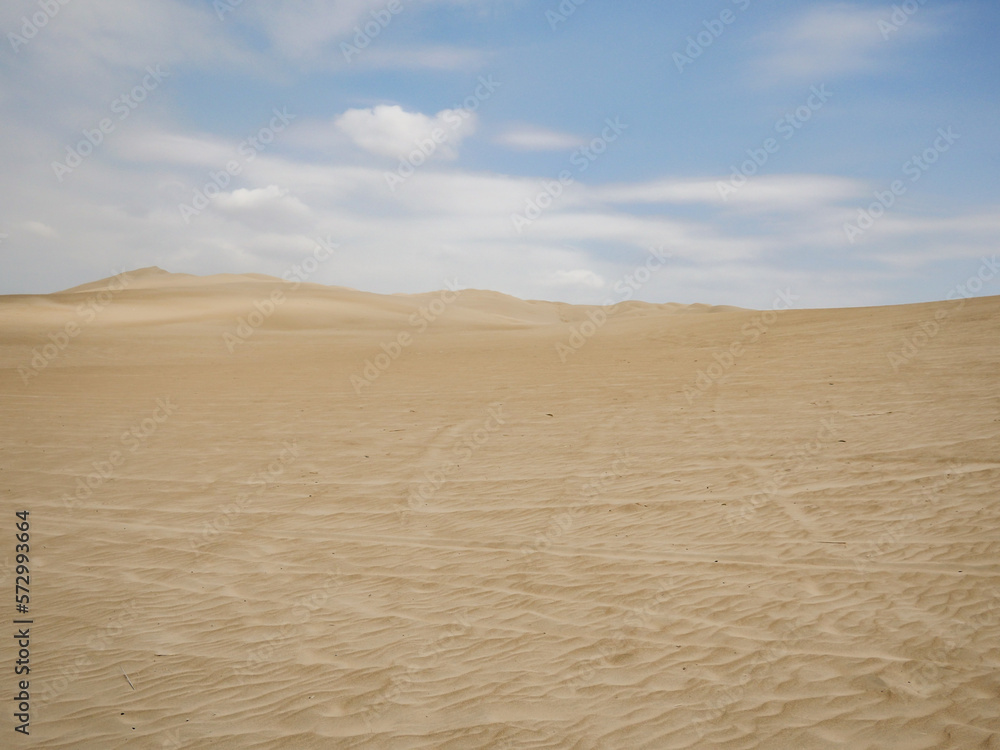 A wide view of the desert with truck tracks and clear blue skies during the day