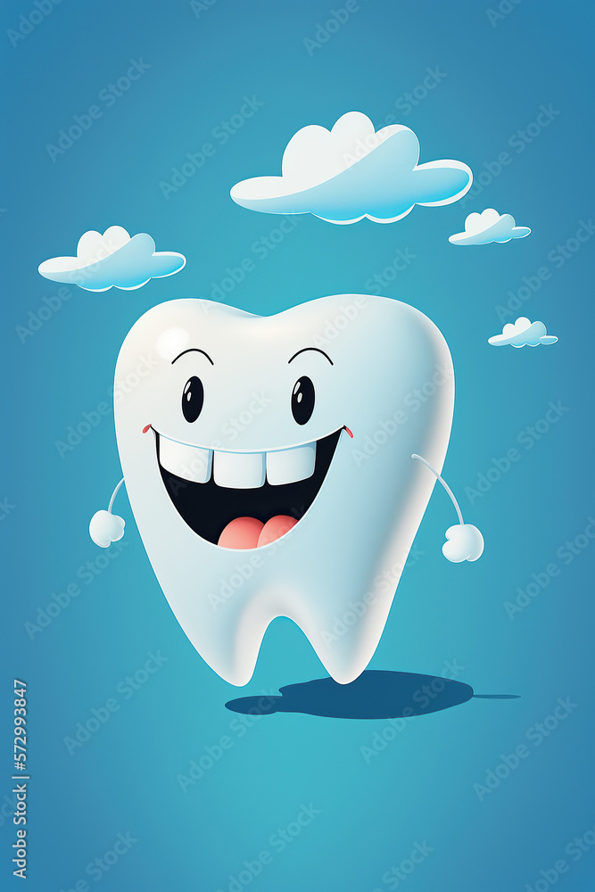White happy tooth in cartoon style on blue background. The concept of dental health. Generative AI White happy tooth in cartoon style on blue background. The concept of dental health. Generative AI