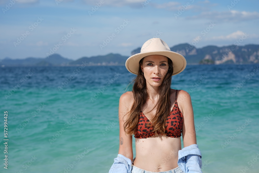 woman on the beach in krabi thailand, poda island, model shooting 