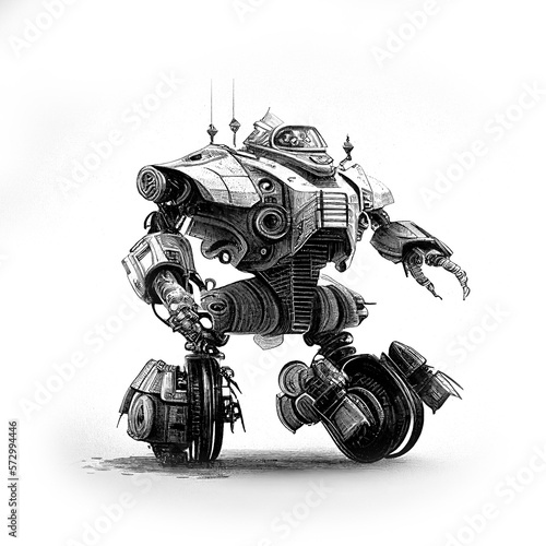 futuristic robot on wheels, vintage, line art, clean background, high detais created with generative ai Technology photo