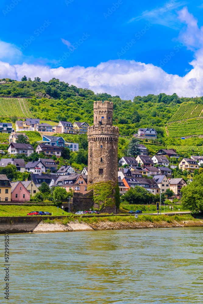 Bull Tower Ochsenturm near Rhein Rhine river in Loreley Lorelei, Oberwesel, Rhein-Lahn-Kreis, Rhineland-Palatinate, Rheinland-Pfalz, Germany