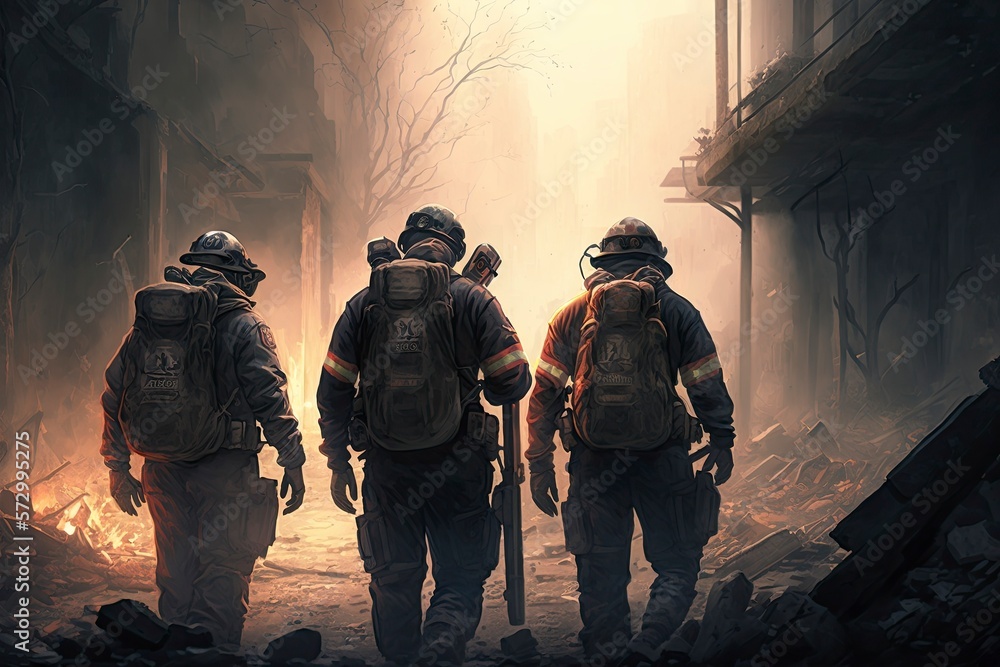 Firefighting team looking for victims in the rubble of burnt. Firefighter Brotherhood. Generative AI.