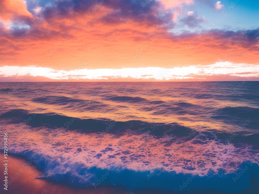 colorful ocean wave sunset light and beautiful clouds on background