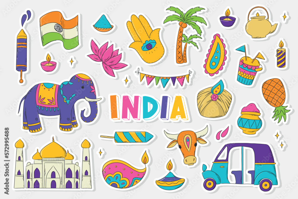 Hand drawn pack of stickers for India, indian holidays, culture. Clip art, doodles, cartoon elements for prints, cards, posters, signs, icons, planners, etc. Holi, diwali theme. EPS 10