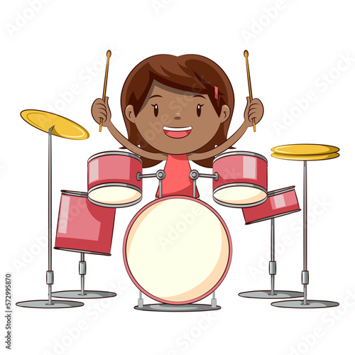 Little girl playing drums, child percussion set