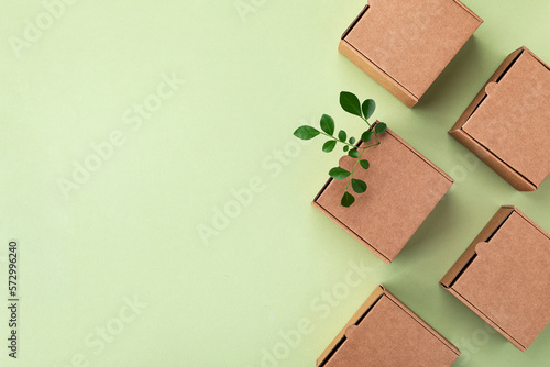 Canvastavla Cardboard boxes from natural recyclable materials with green leaves sprout top view