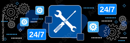 24-hour service, online support, hotline dark theme style vector concept illustration