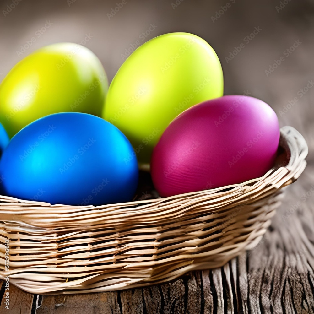 Easter eggs in a tatch basket on a wooden table - IA generativa
