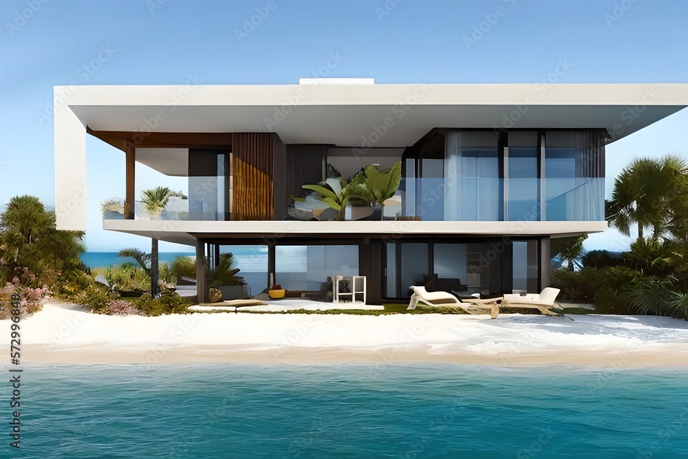 Fototapeta premium Small Luxury Modern Beach House. Beach House. Modern Architecture. Villa By The Sea. Generative AI