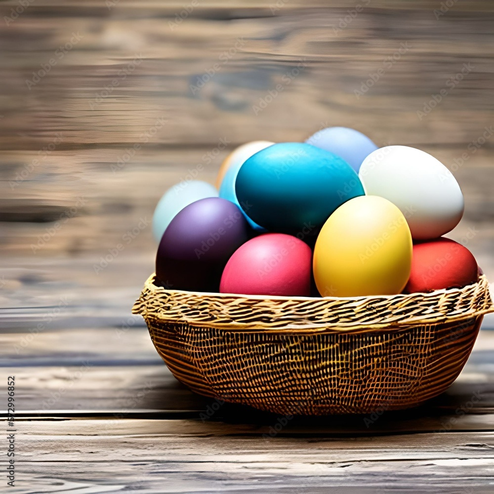 Easter eggs in a tatch basket on a wooden table - IA generativa Easter eggs in a tatch basket on a wooden table - IA generativa